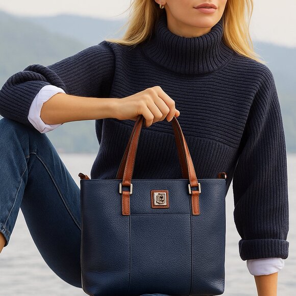 Dooney and Bourke Navy Pebbled Leather Brown Trim Bag Purse - Picture 1 of 11